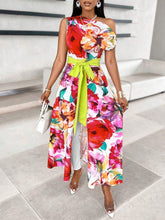 Lady Floral Print Asymmetric Neckline Blouse With Split Hem And Tie-Front (Random Floral Print)